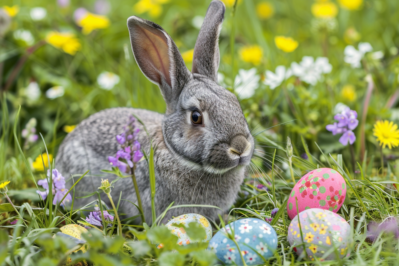 Image gratuite Lapin gris, œufs, prairie de fleurs sauvages 3