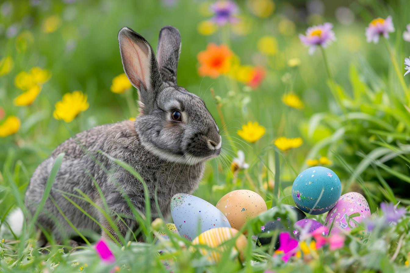 Image gratuite Lapin gris, œufs, prairie de fleurs sauvages 4