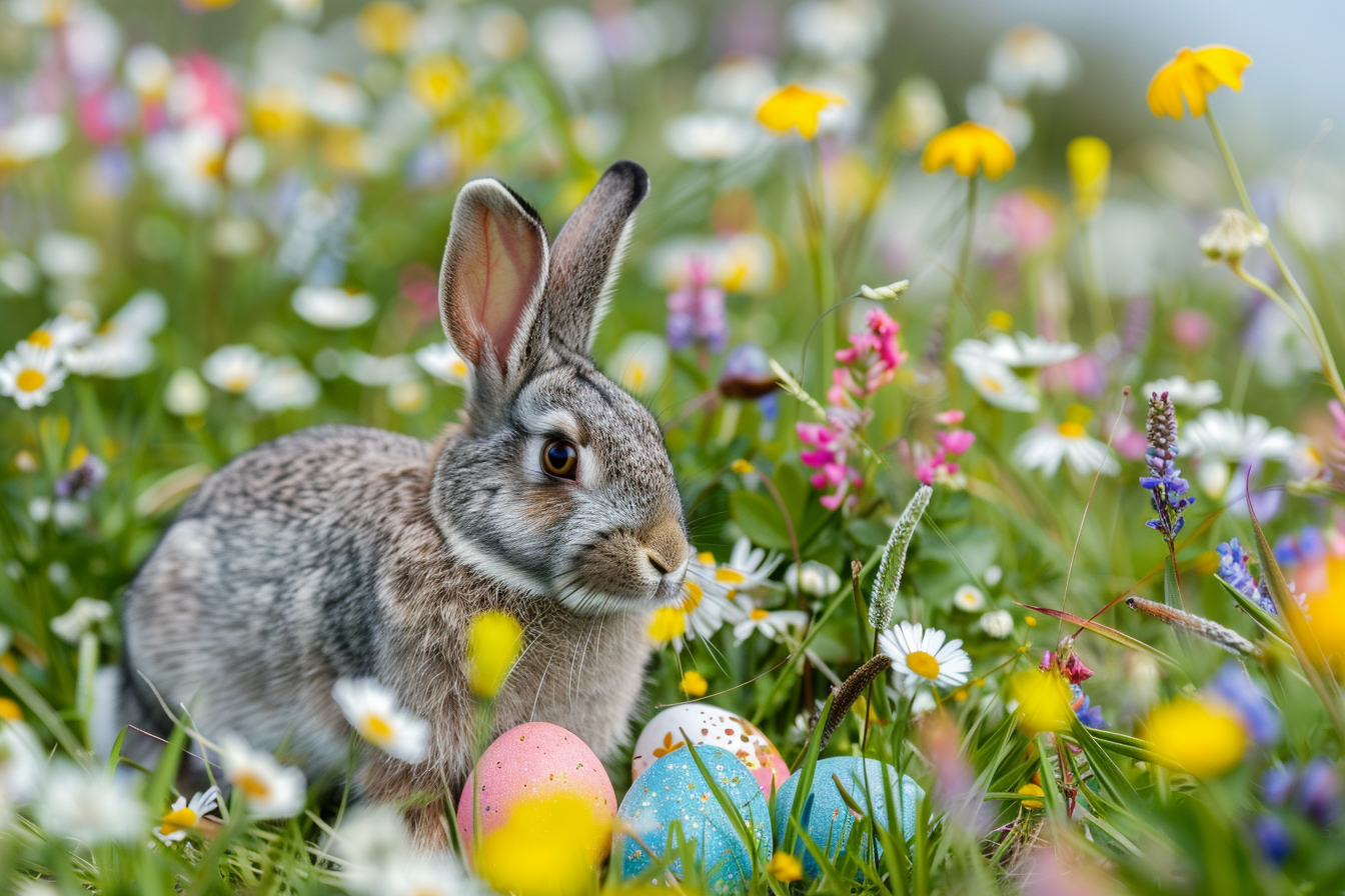 Image gratuite Lapin gris, œufs, prairie de fleurs sauvages 5