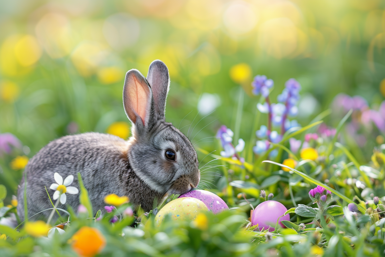 Image gratuite Lapin gris, œufs, prairie de fleurs sauvages 6