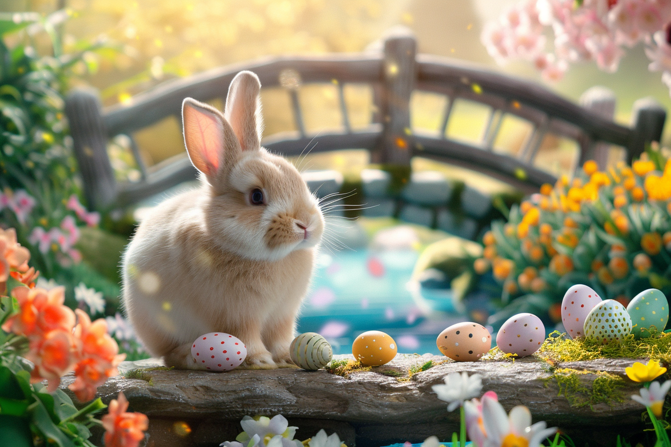 Image gratuite Lapin heureux, œufs, pont pittoresque, jardin 1