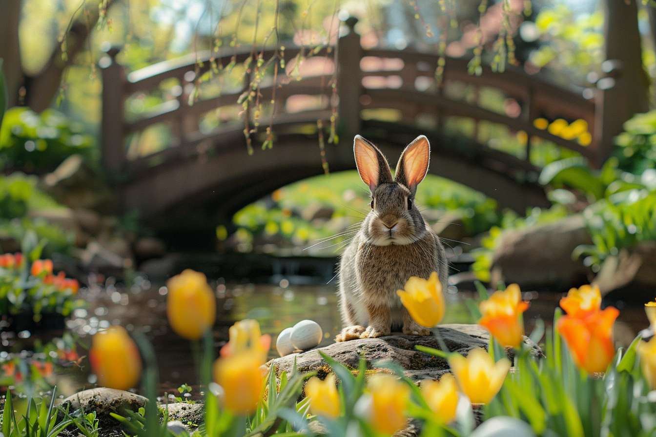 Image gratuite Lapin heureux, œufs, pont pittoresque, jardin 2