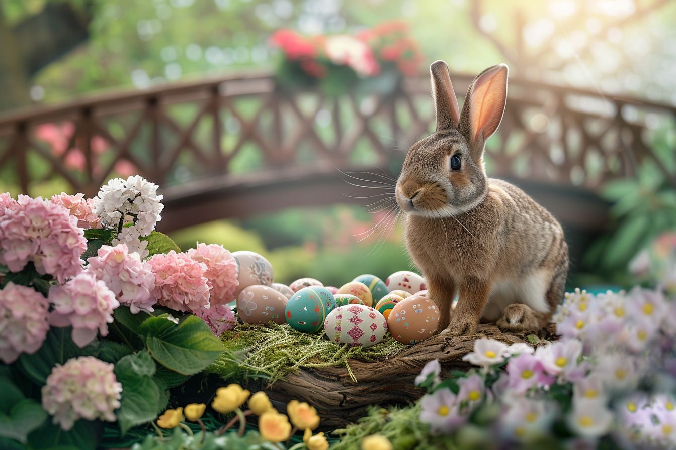 Image gratuite Lapin heureux, œufs, pont pittoresque, jardin 3