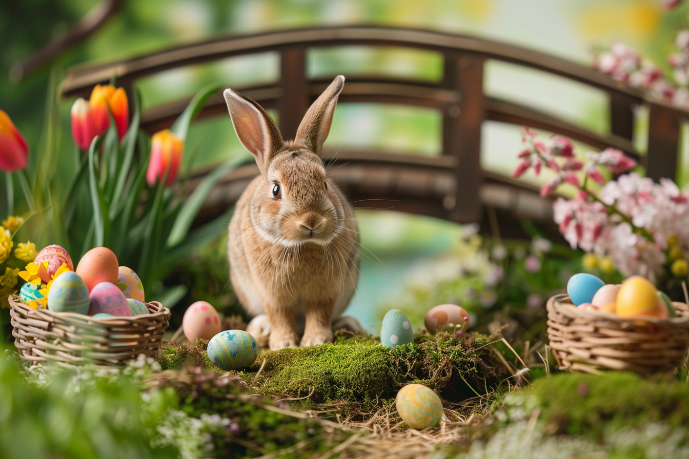 Image gratuite Lapin heureux, œufs, pont pittoresque, jardin 4
