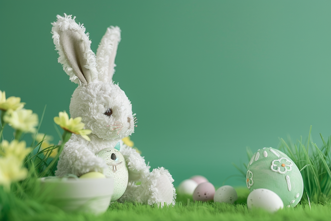 Image gratuite Lapin joueur, œuf peint, herbe, fond vert 1