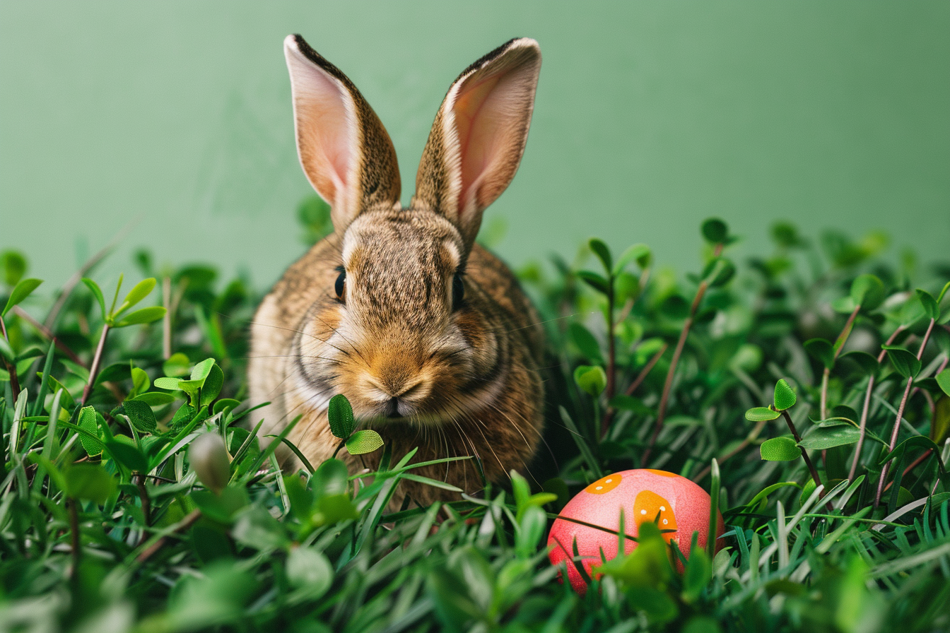 Image gratuite Lapin joueur, œuf peint, herbe, fond vert 2