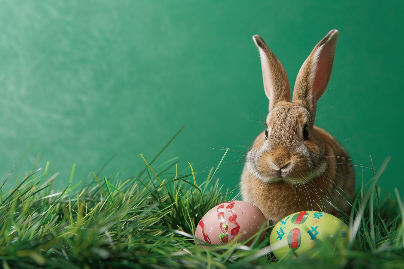 Image gratuite Lapin joueur, œuf peint, herbe, fond vert 3