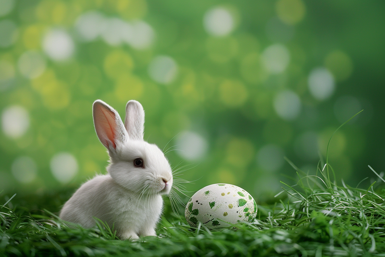 Image gratuite Lapin joueur, œuf peint, herbe, fond vert 4