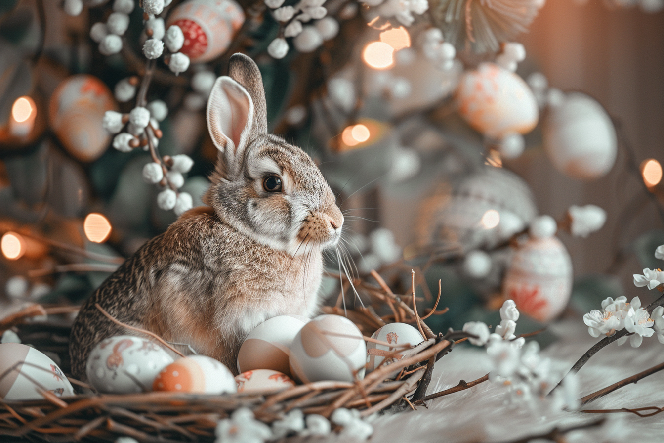 Image gratuite Lapin joueur, œufs, arbre de Pâques décoré 1