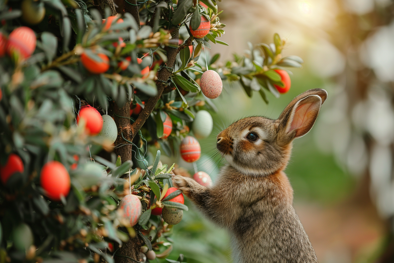 Image gratuite Lapin joueur, œufs, arbre de Pâques décoré 2