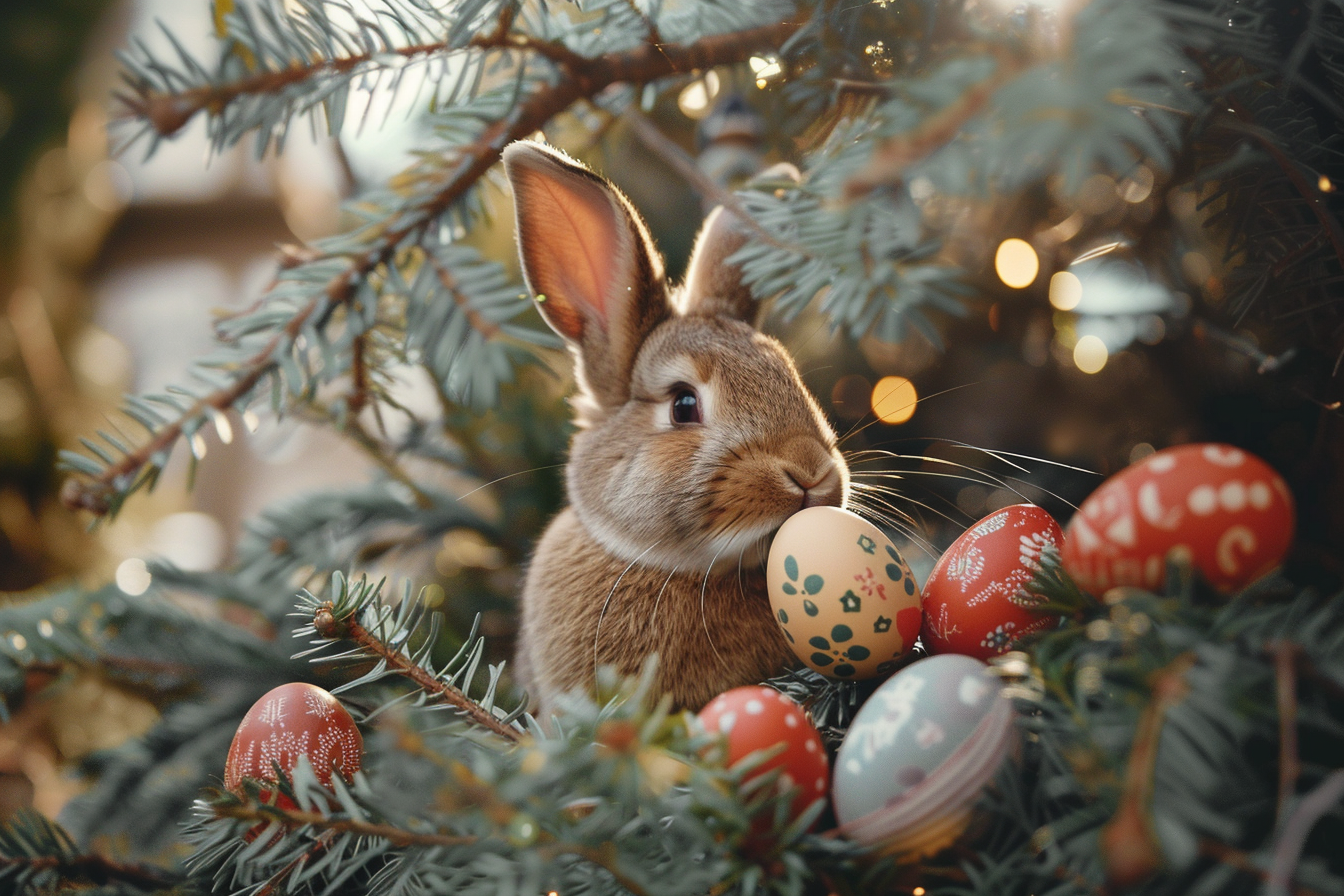 Image gratuite Lapin joueur, œufs, arbre de Pâques décoré 3