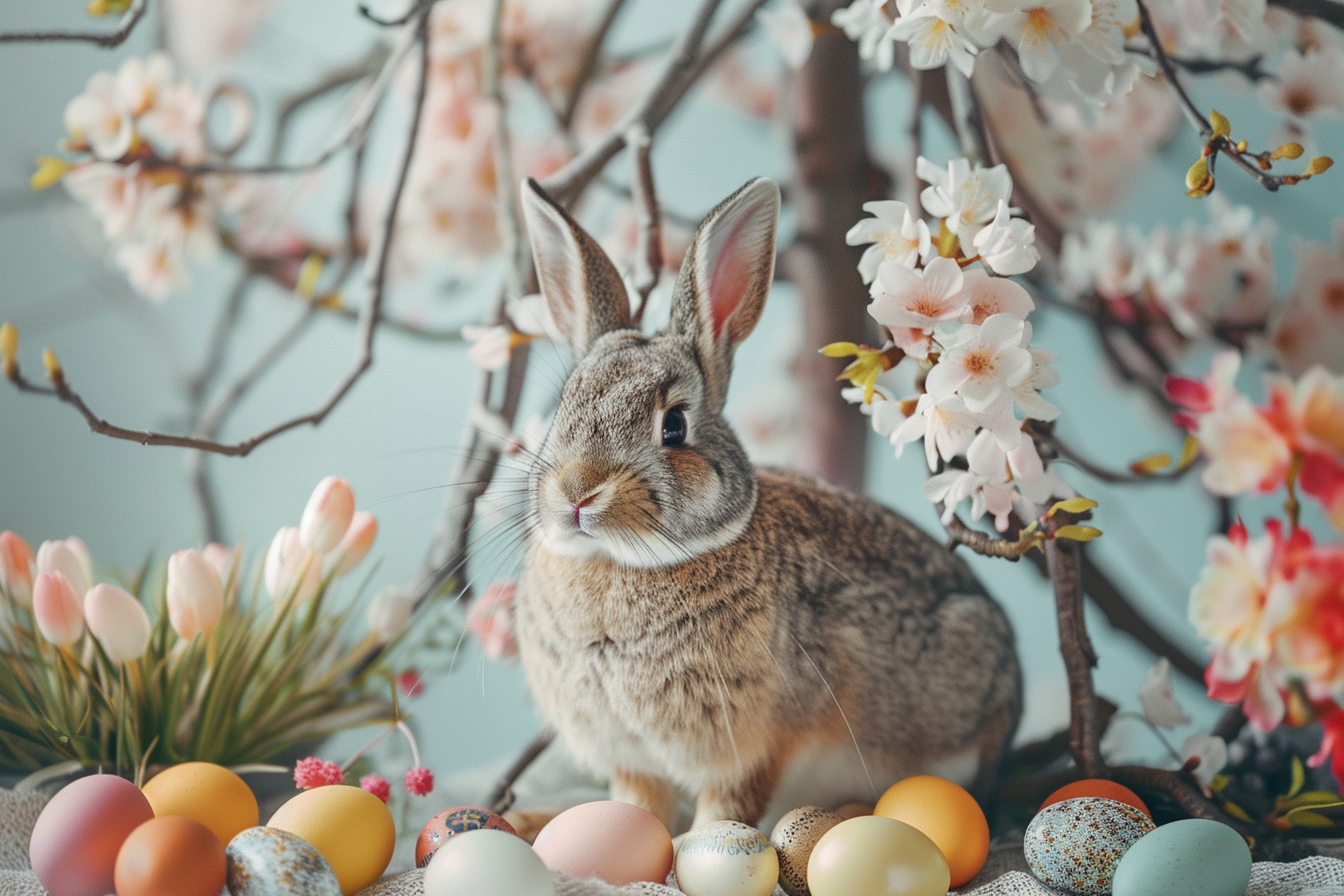 Image gratuite Lapin joueur, œufs, arbre de Pâques décoré 4