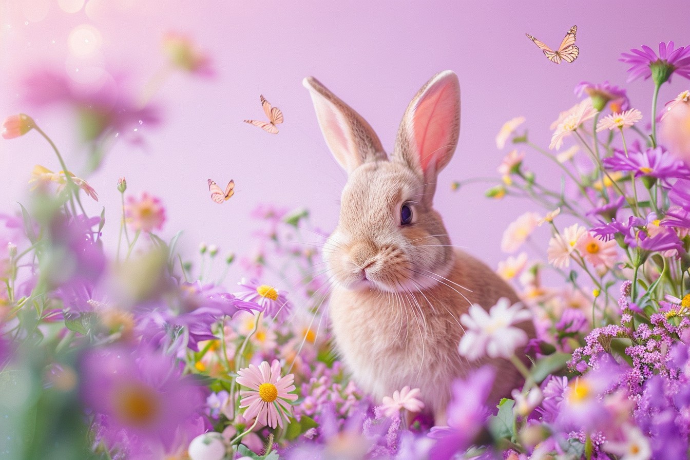 Image gratuite Lapin joyeux, fleurs, papillons, fond violet 1