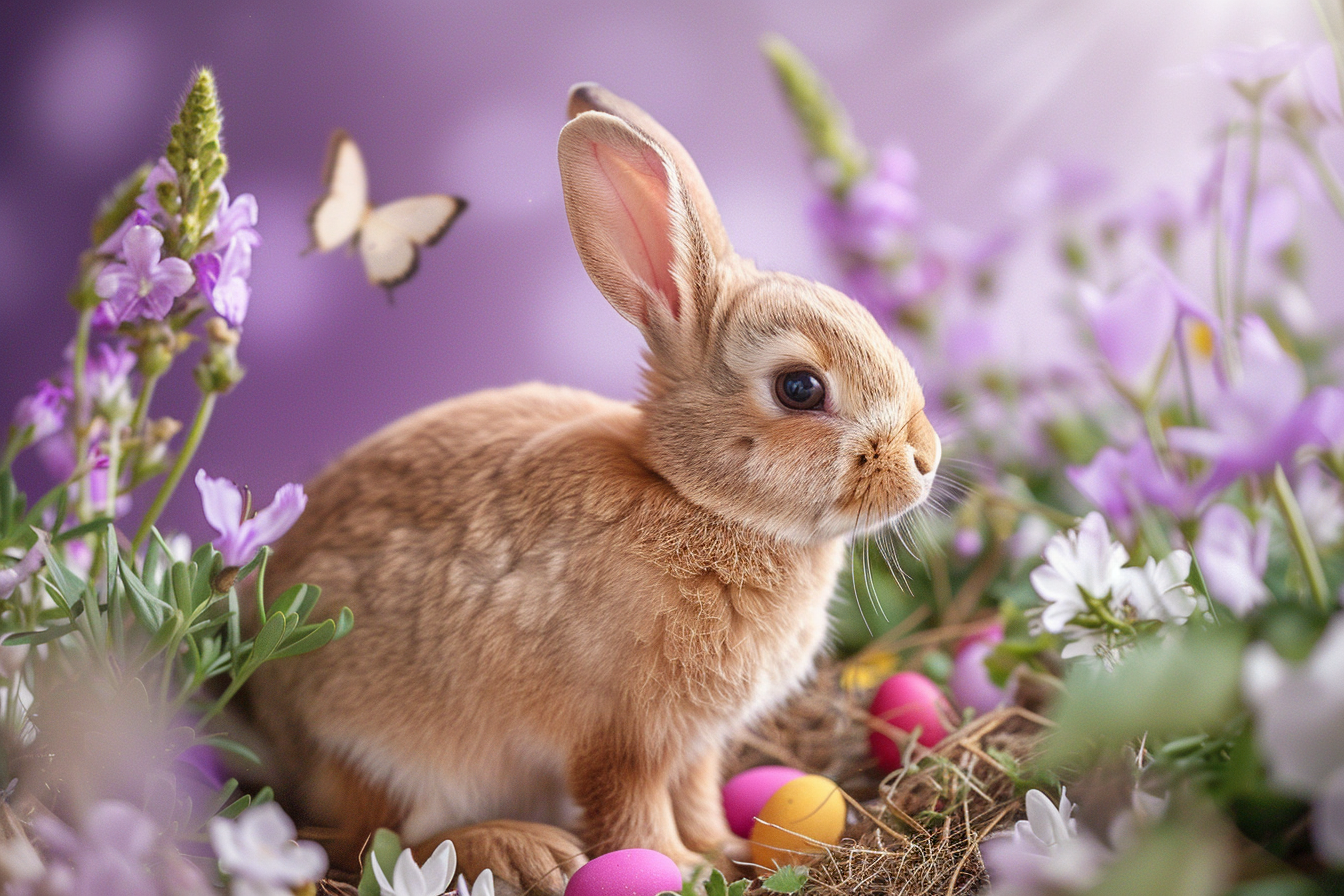 Image gratuite Lapin joyeux, fleurs, papillons, fond violet 2