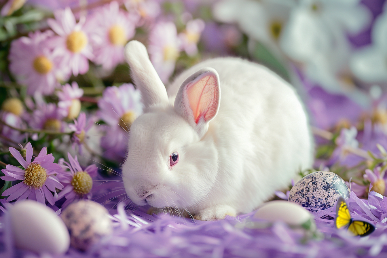 Image gratuite Lapin joyeux, fleurs, papillons, fond violet 4