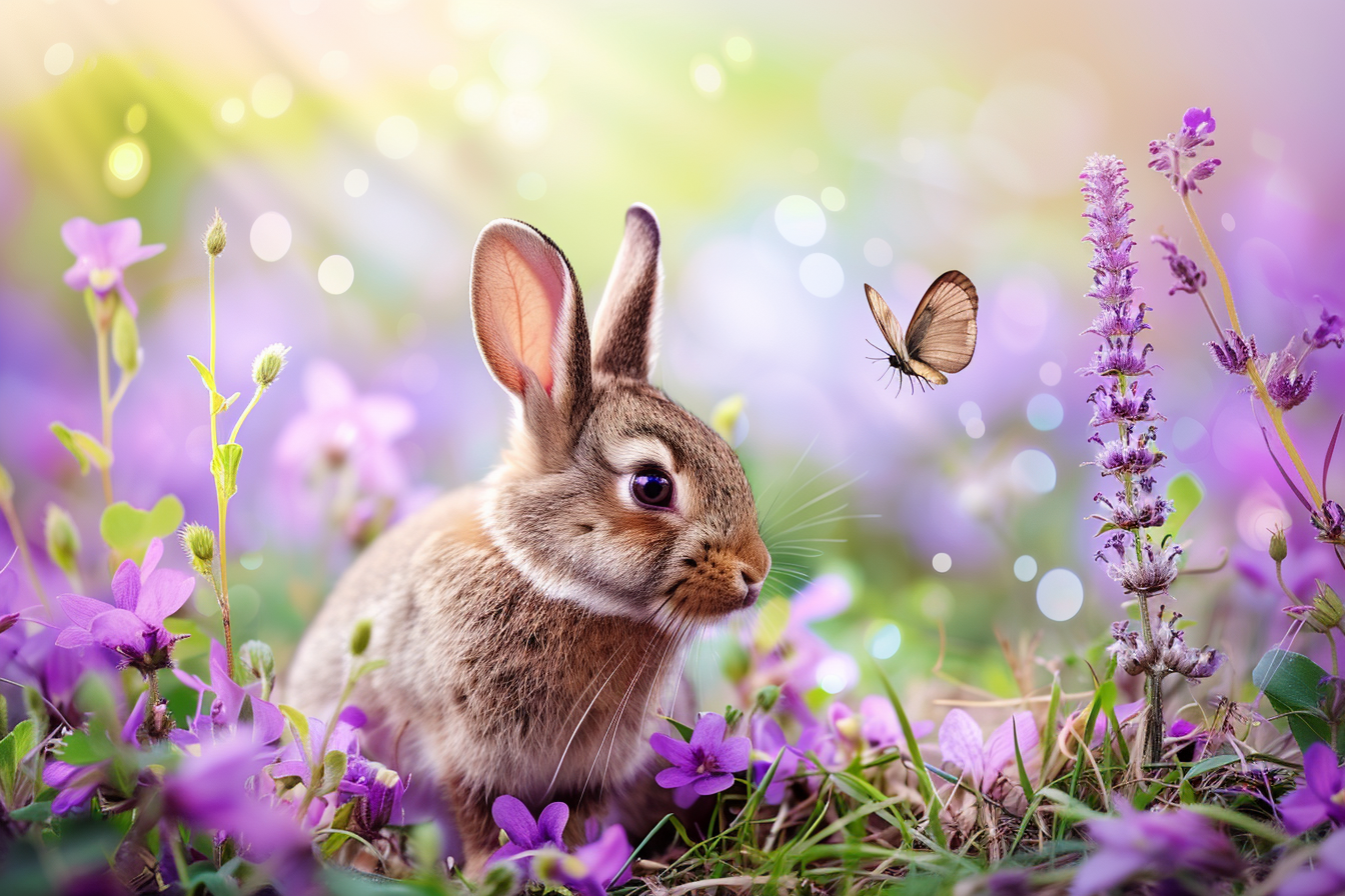 Image gratuite Lapin joyeux, fleurs, papillons, fond violet 6