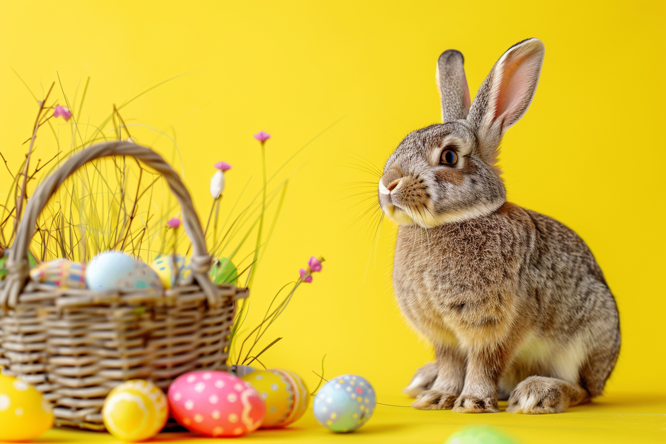 Image gratuite Lapin joyeux, œufs de Pâques, panier, fond jaune 1