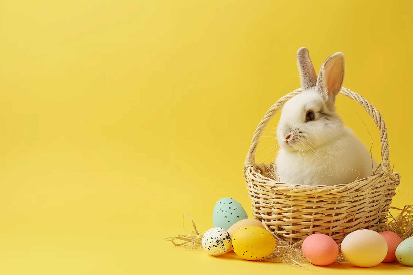 Image gratuite Lapin joyeux, œufs de Pâques, panier, fond jaune 2