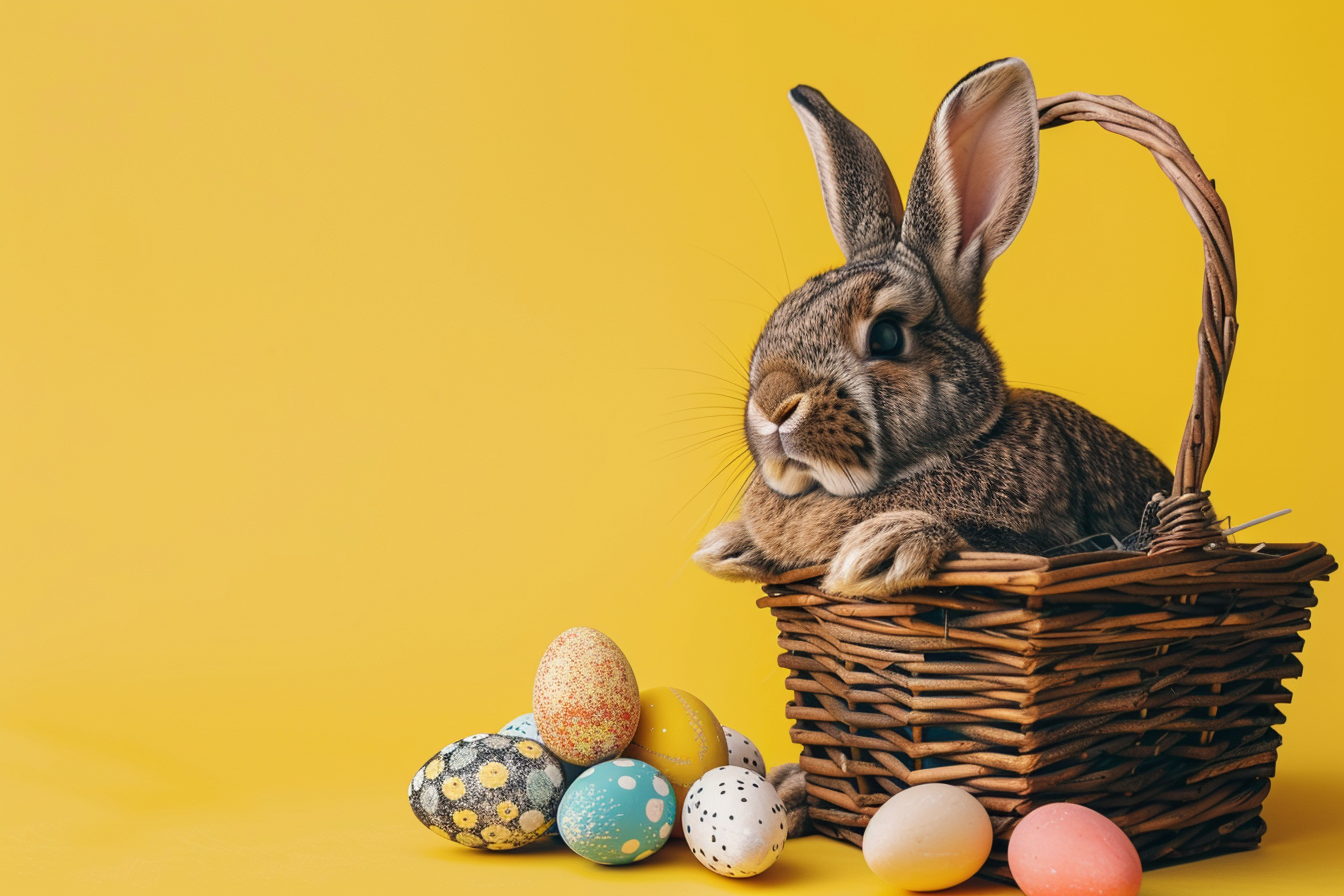 Image gratuite Lapin joyeux, œufs de Pâques, panier, fond jaune 4
