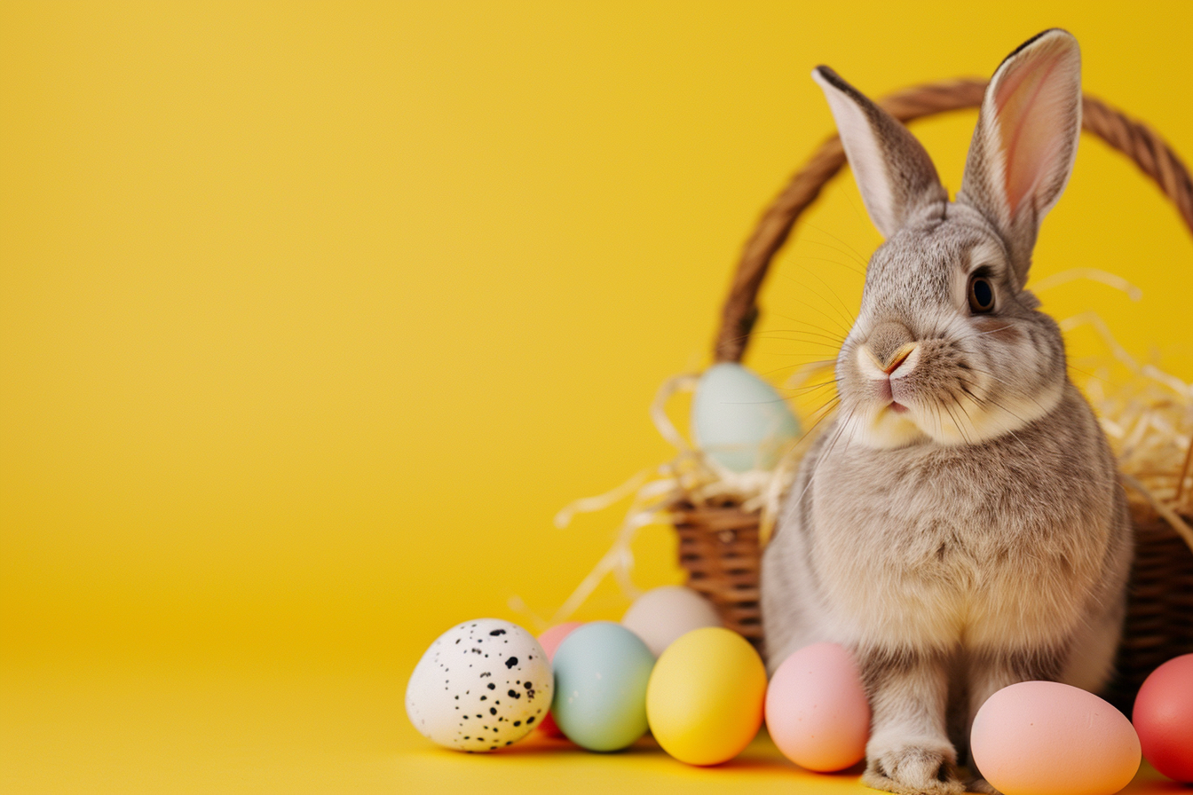 Image gratuite Lapin joyeux, œufs de Pâques, panier, fond jaune 5