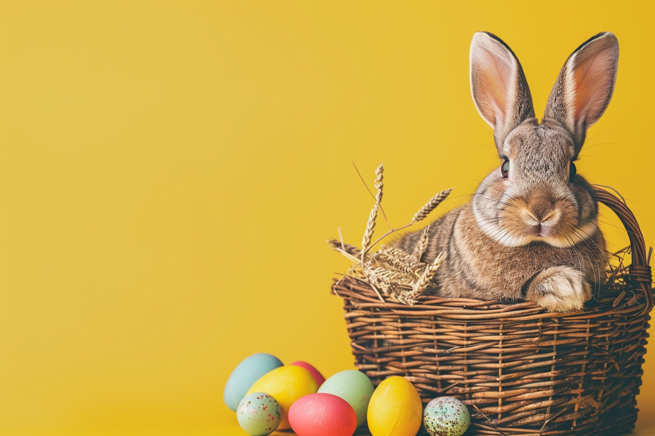 Image gratuite Lapin joyeux, œufs de Pâques, panier, fond jaune 6