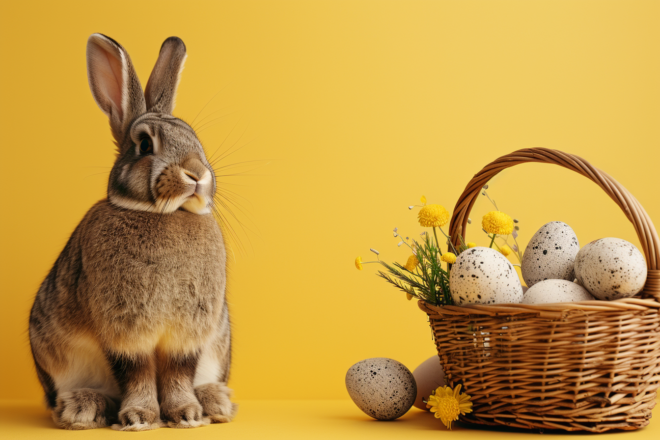 Image gratuite Lapin joyeux, œufs de Pâques, panier, fond jaune 7