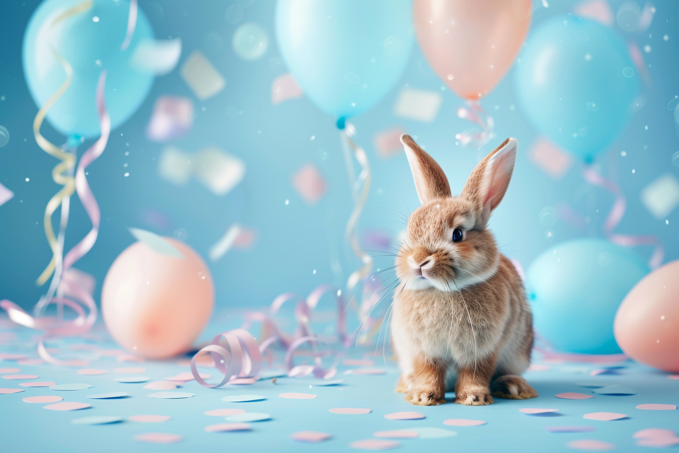 Image gratuite Lapin mignon, ballons, serpentins, fond bleu 1