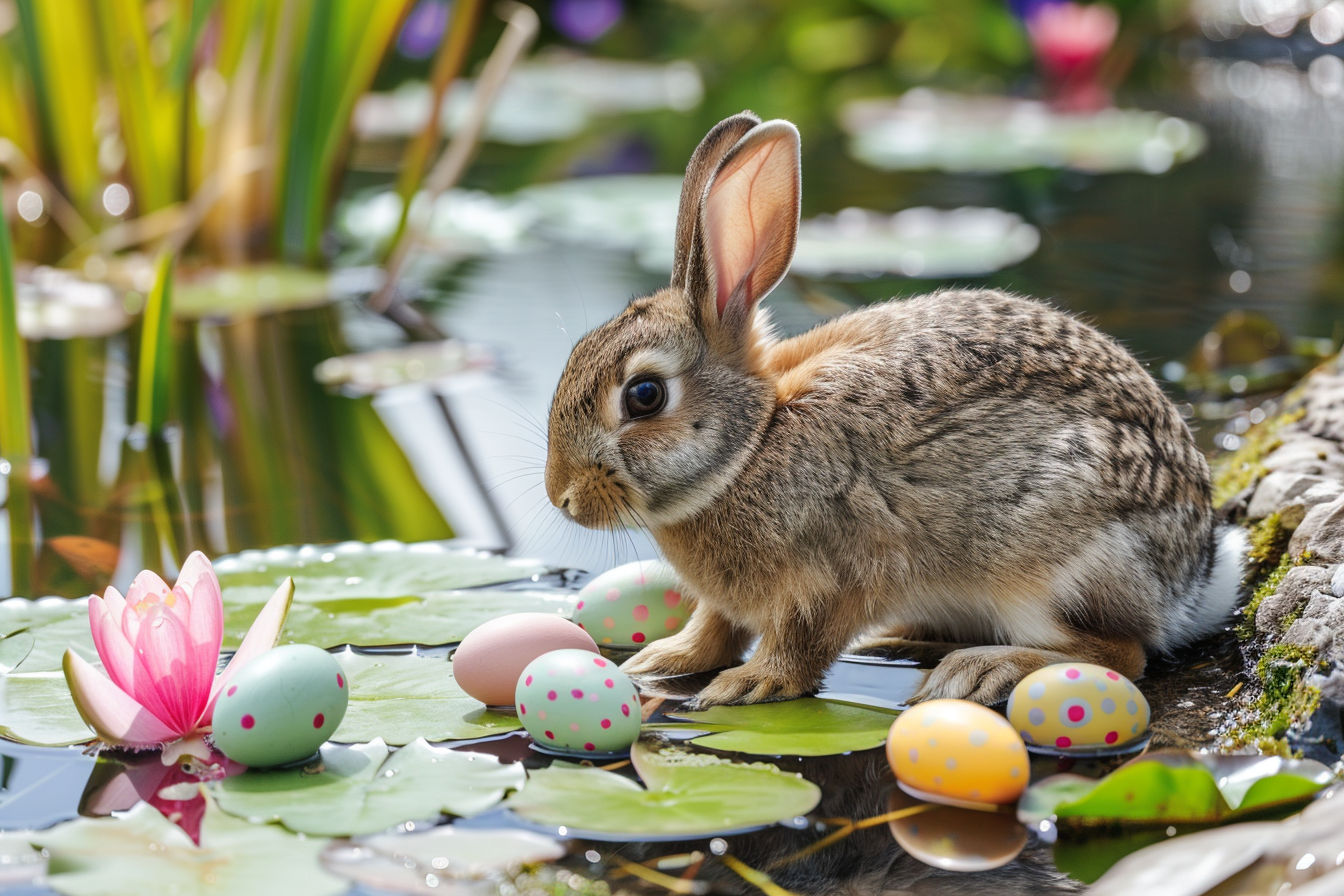 Image gratuite Lapin mignon, œufs, petit étang, nénuphars 1