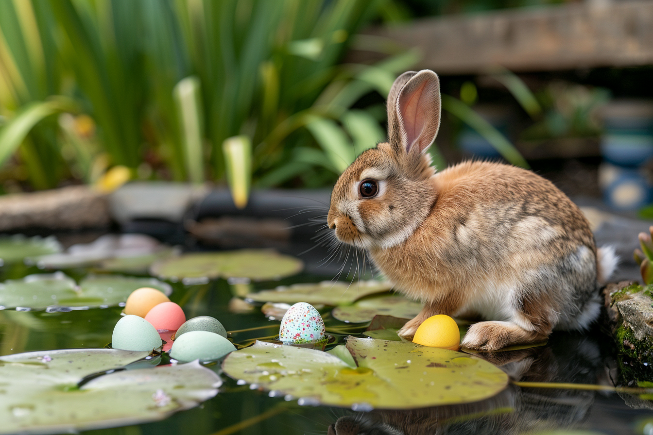 Image gratuite Lapin mignon, œufs, petit étang, nénuphars 2