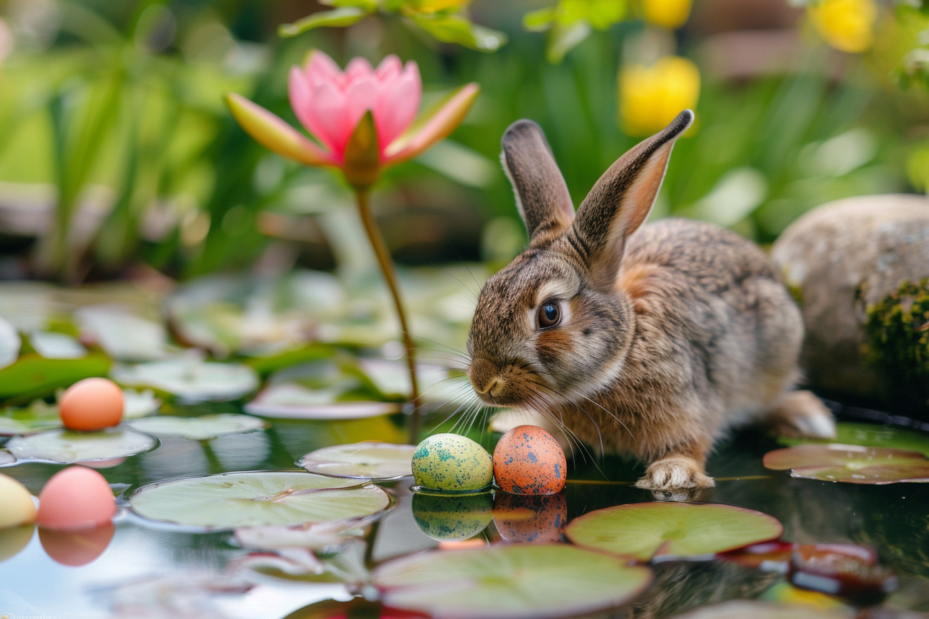 Image gratuite Lapin mignon, œufs, petit étang, nénuphars 3