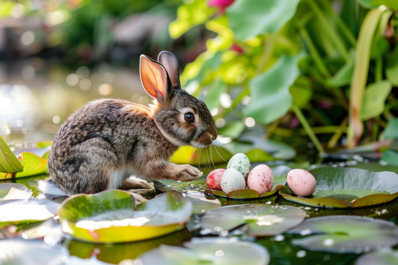 Image gratuite Lapin mignon, œufs, petit étang, nénuphars 4
