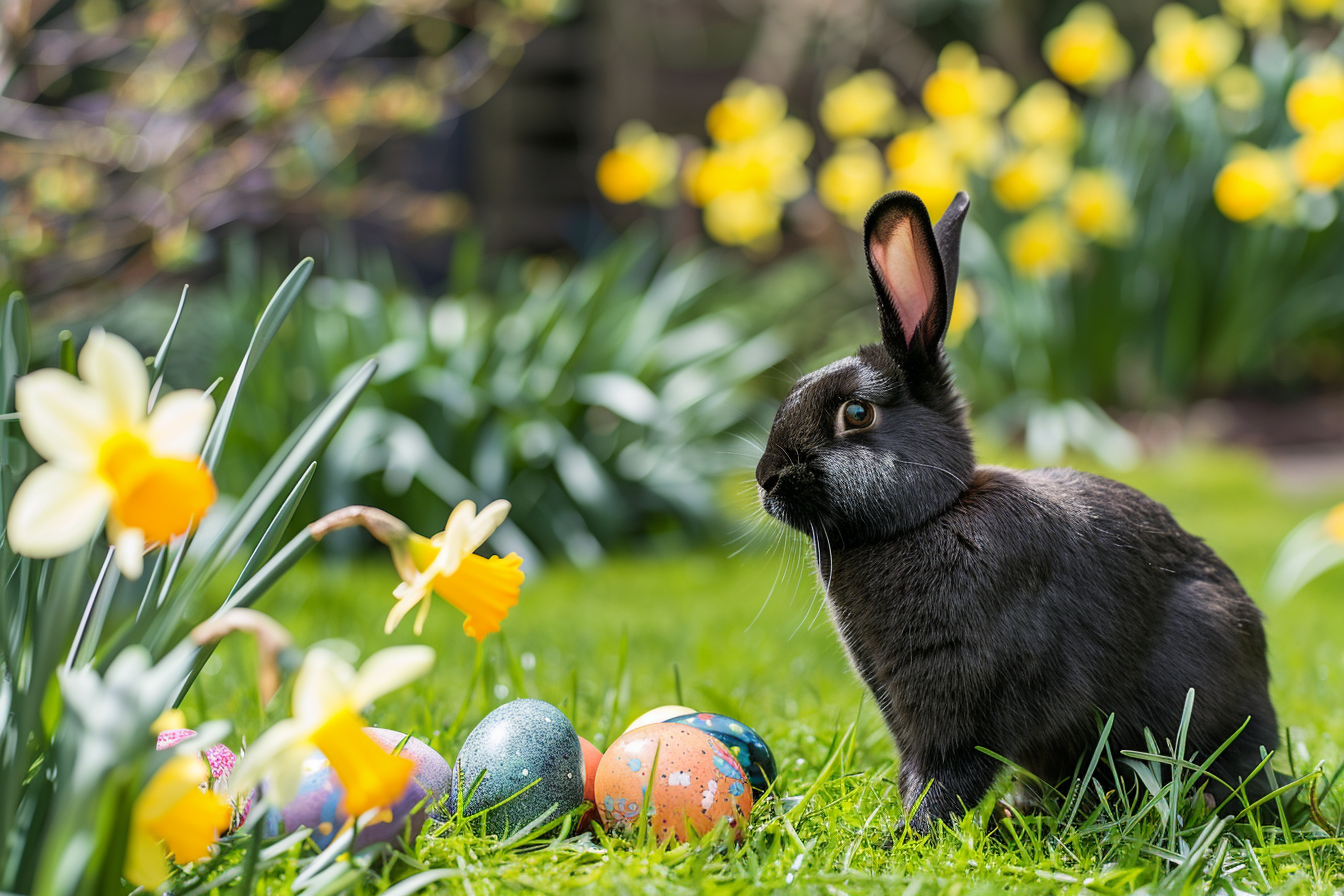 Image gratuite Lapin noir, œufs, jonquilles, jardin ensoleillé 1