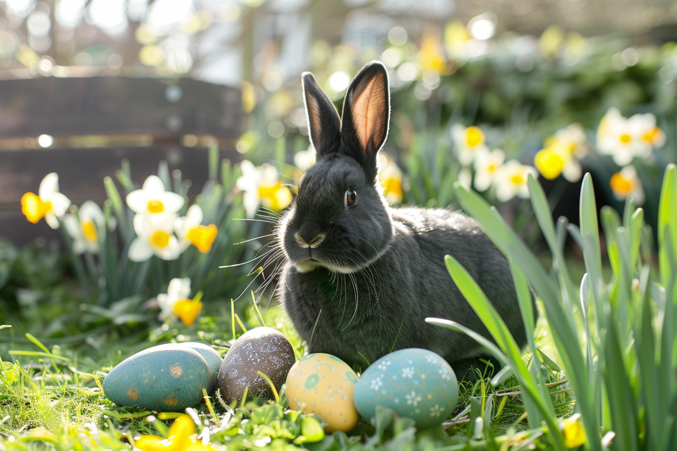 Image gratuite Lapin noir, œufs, jonquilles, jardin ensoleillé 2
