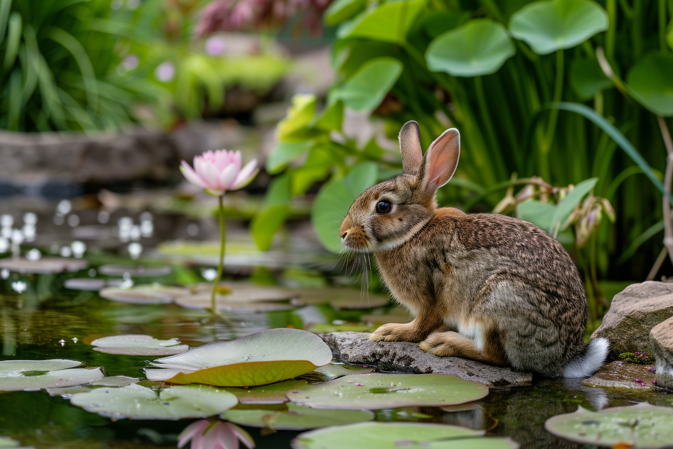 Image gratuite Lapin près étang, nénuphars, fleurs de printemps 1