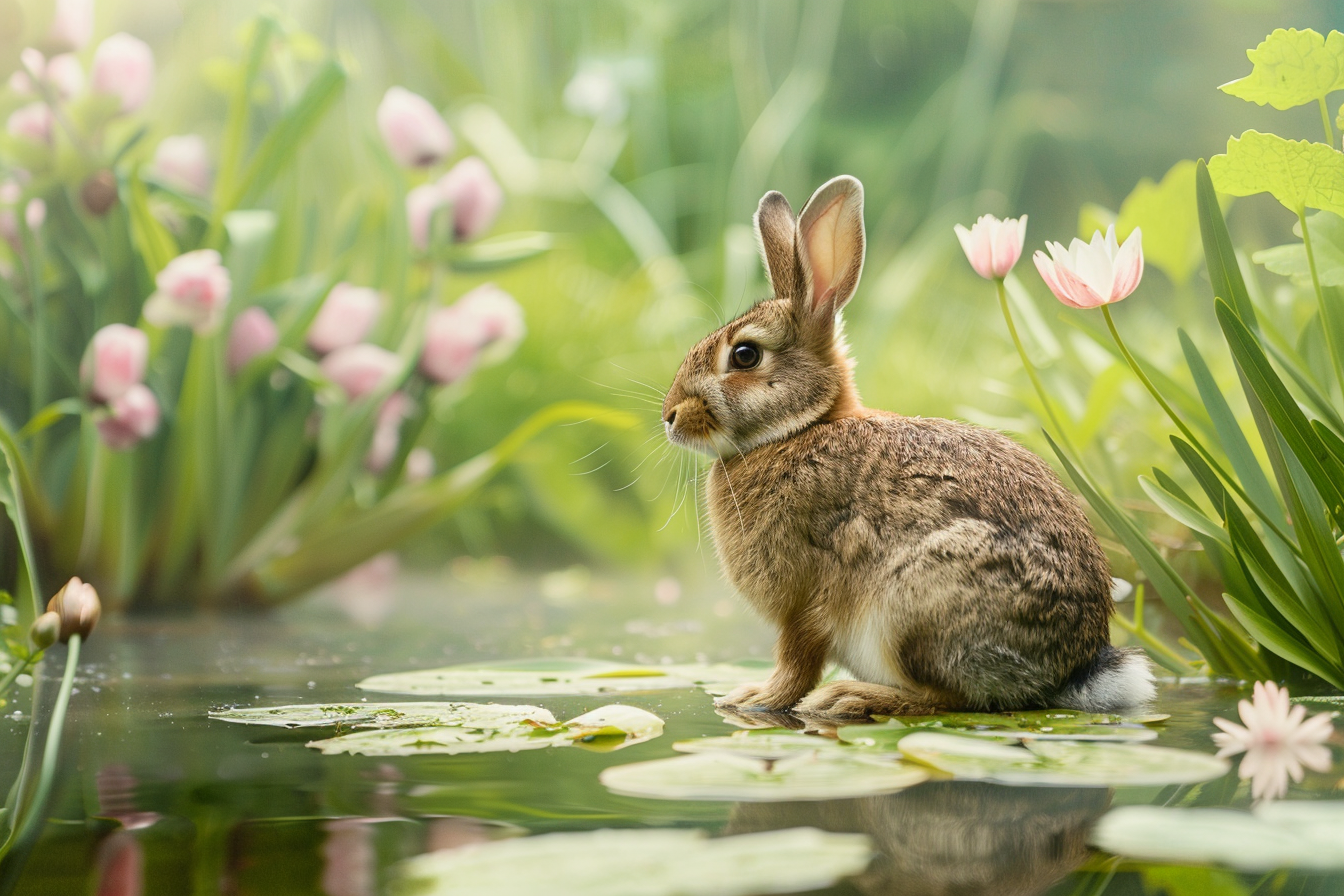 Image gratuite Lapin près étang, nénuphars, fleurs de printemps 2