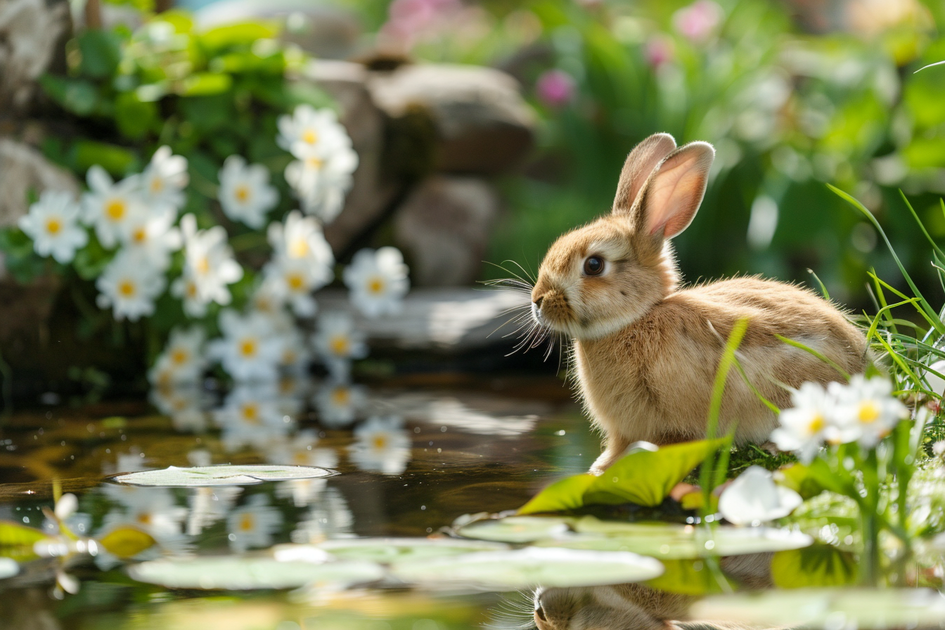 Image gratuite Lapin près étang, nénuphars, fleurs de printemps 3