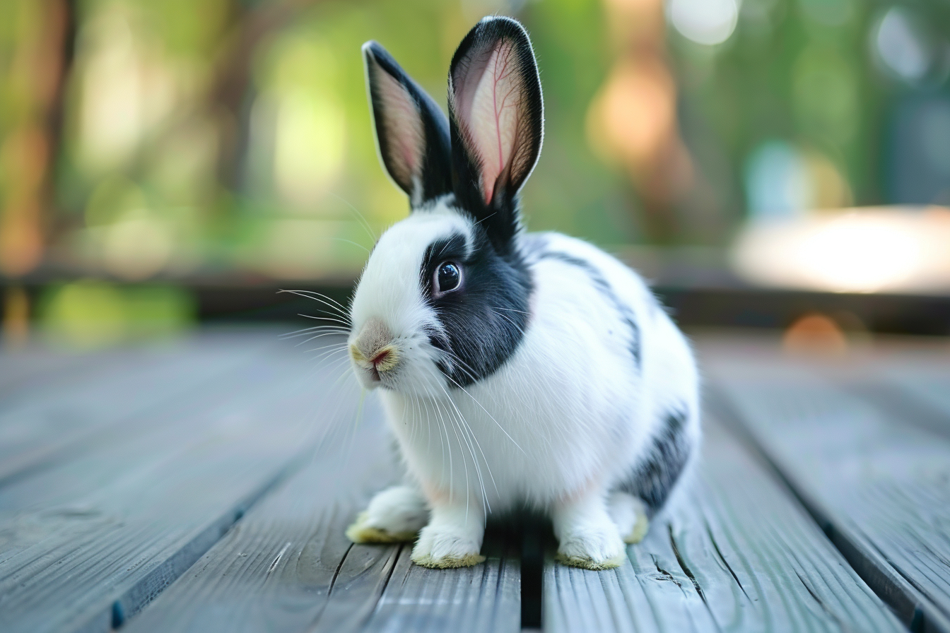 Image gratuite Lapin tacheté sur sol en bois 1