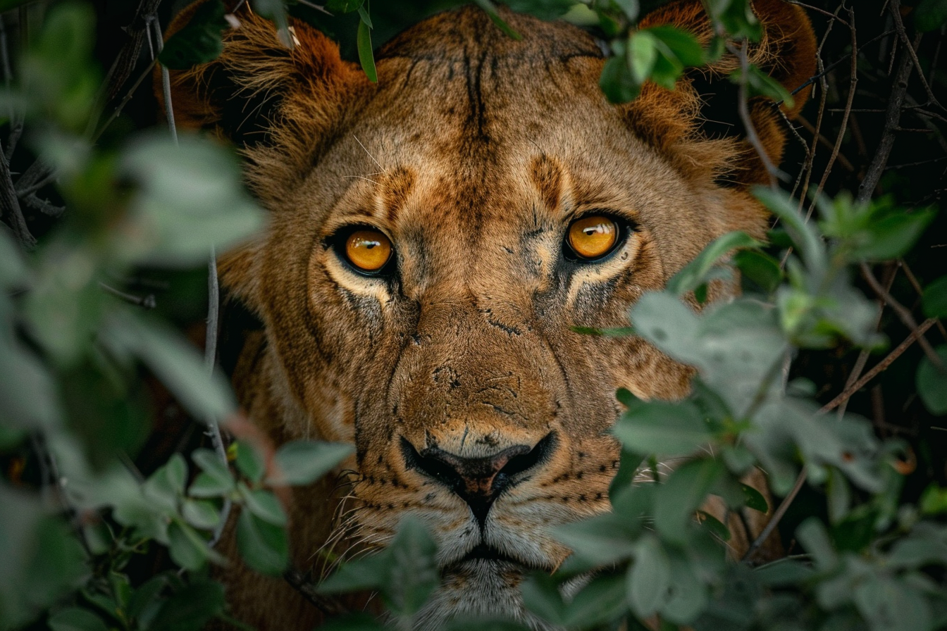 Image gratuite Lionne curieuse derrière buisson épineux 2