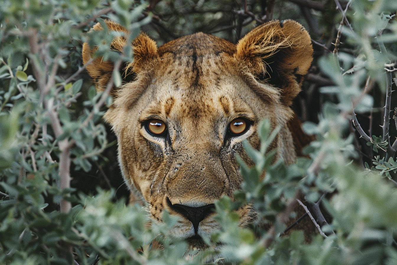 Image gratuite Lionne curieuse derrière buisson épineux 3
