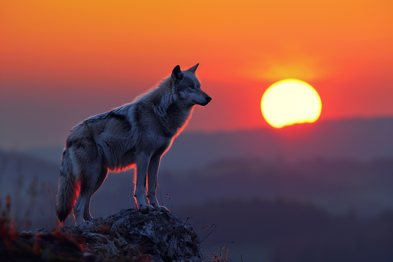 Image gratuite Loup sur roche au lever du soleil 1