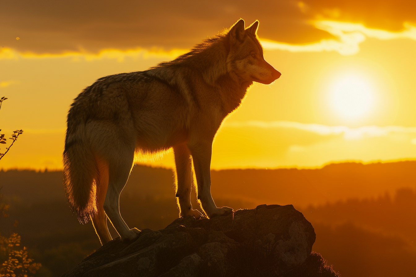 Image gratuite Loup sur roche au lever du soleil 2
