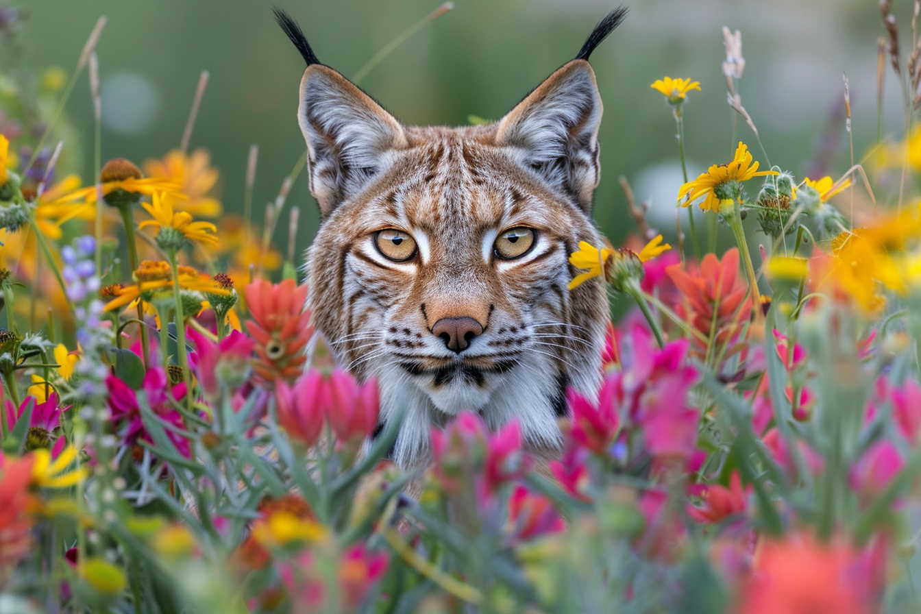 Image gratuite Lynx curieux derrière fleurs sauvages 1