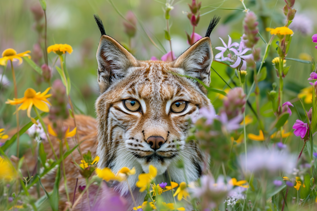Image gratuite Lynx curieux derrière fleurs sauvages 2