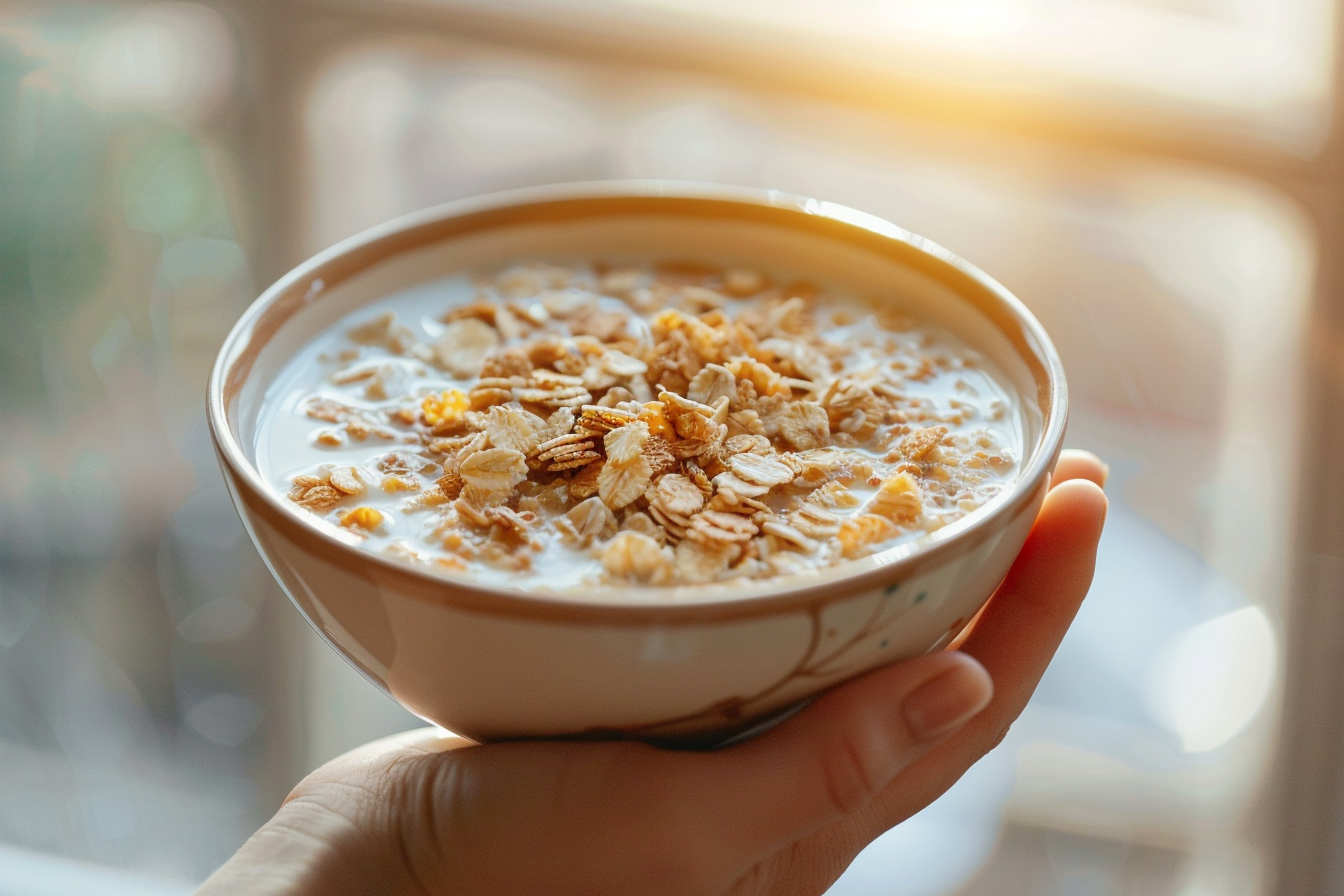 Image gratuite Main avec bol de céréales et lait 1