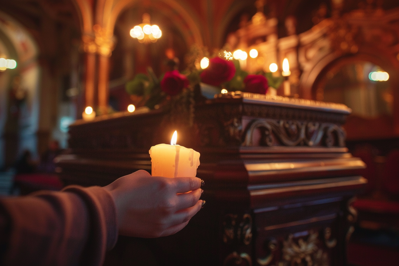 Image gratuite Main avec bougie devant cercueil en bois orné 1