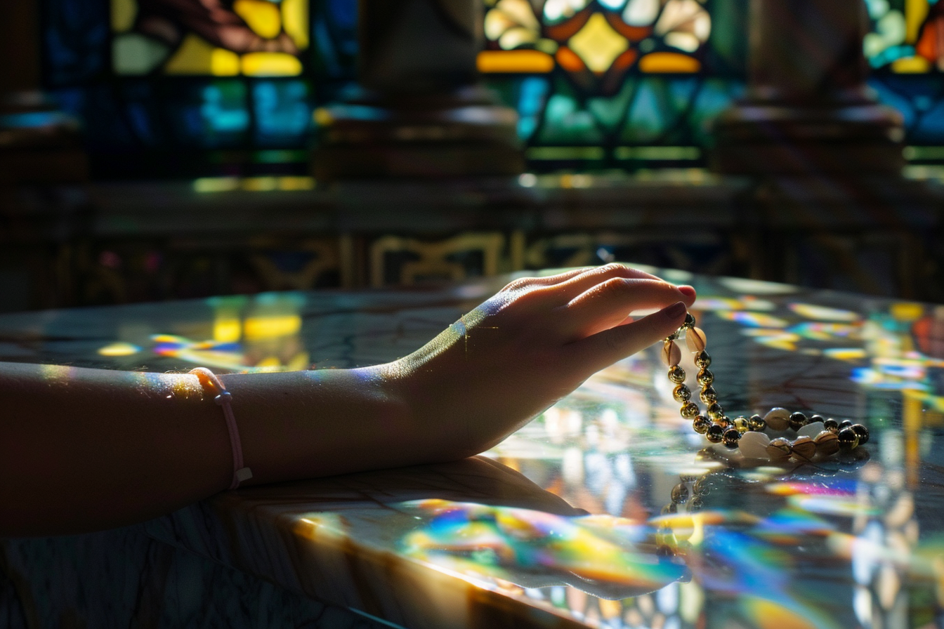 Image gratuite Main avec chapelet sur cercueil en marbre 2