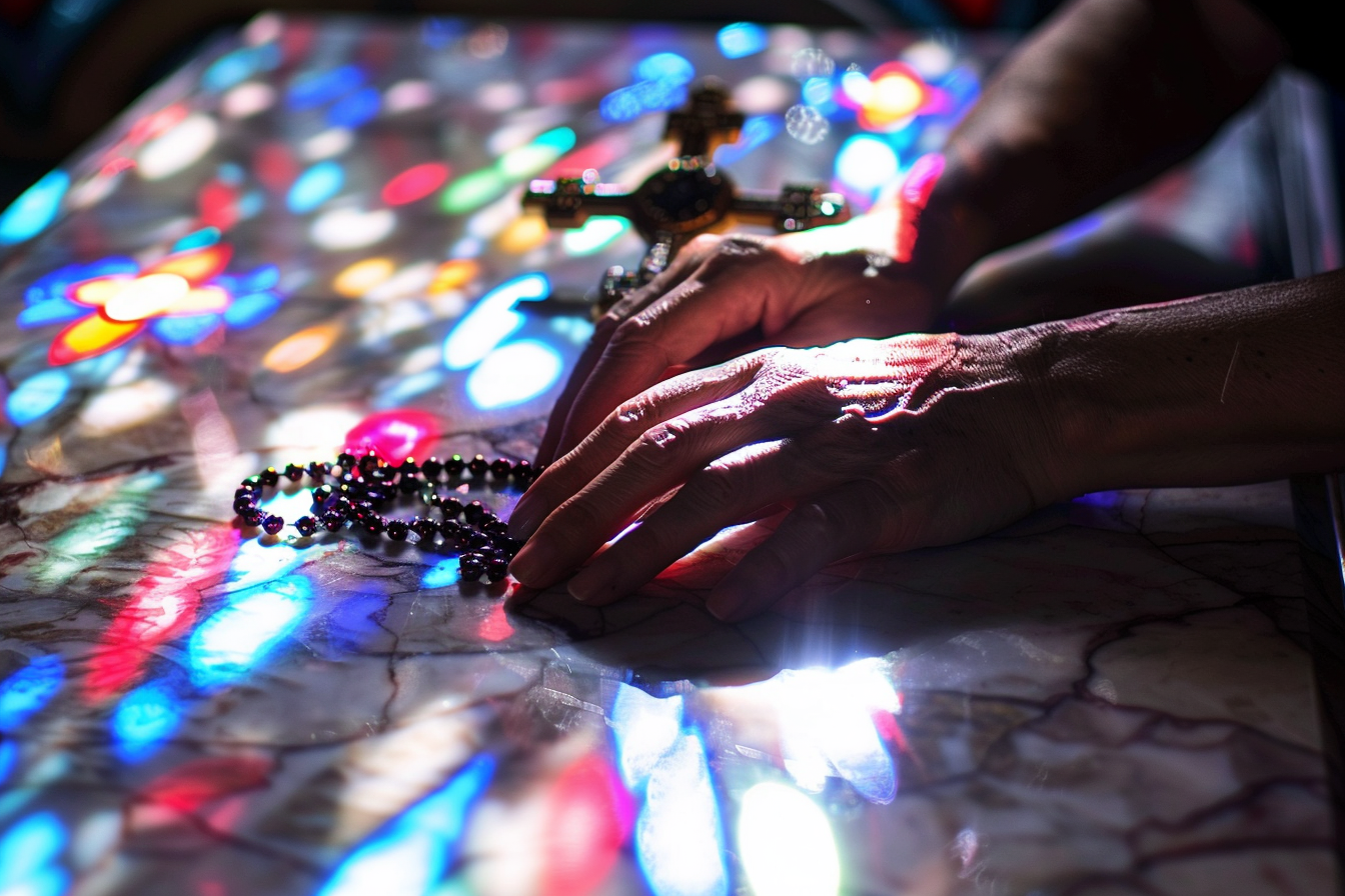 Image gratuite Main avec chapelet sur cercueil en marbre 3