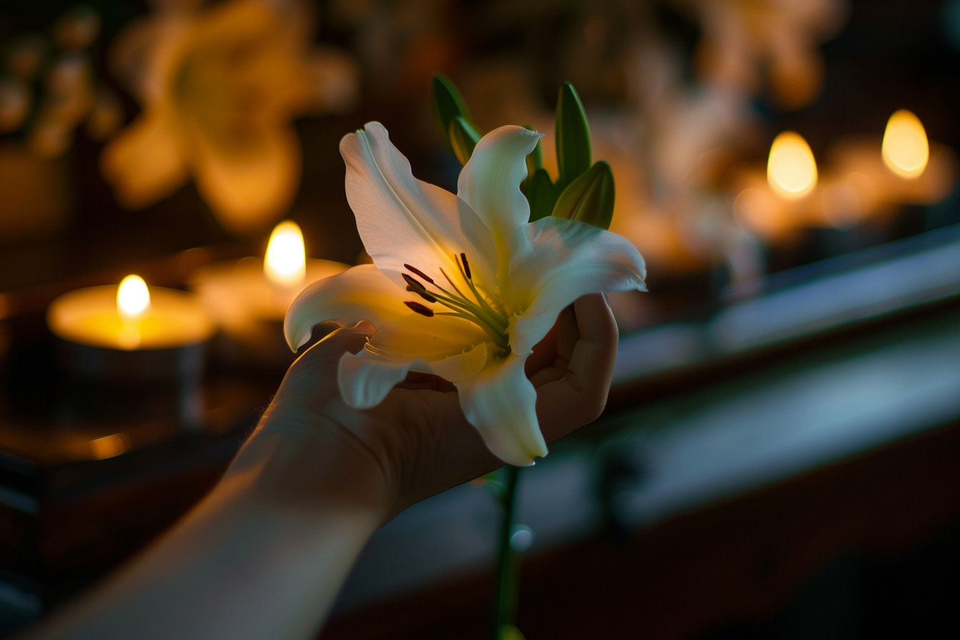 Image gratuite Main avec lys devant cercueil en bois poli 1