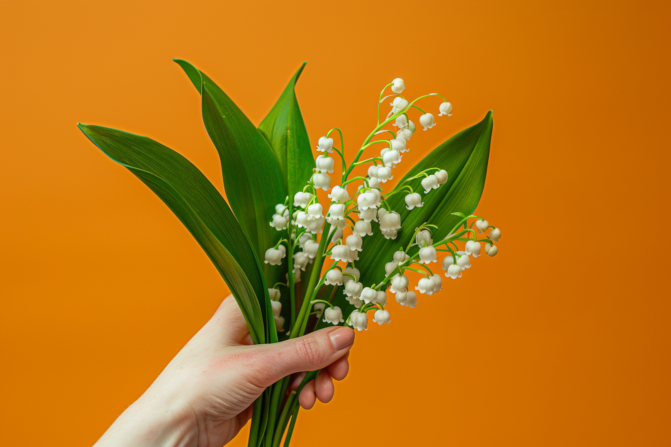 Image gratuite Main femme tient muguet 1er mai jour Travail fond orange 1