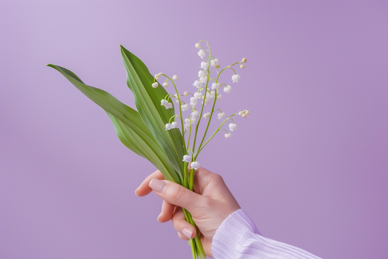 Image gratuite Main femme tient muguet 1er mai jour Travail fond violet 1